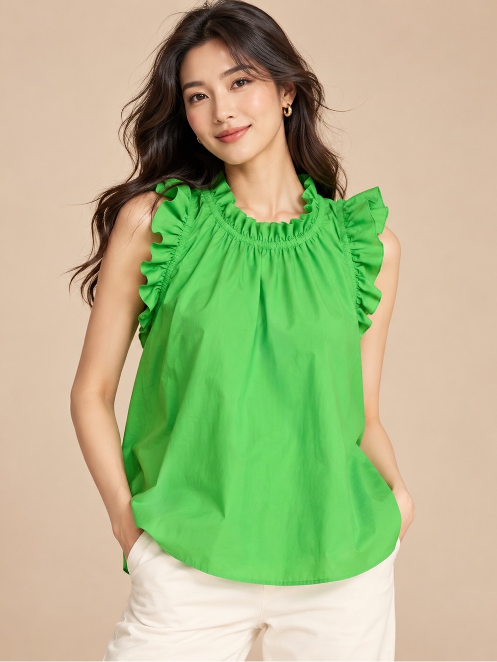SHEIN Green Ruffle Cold Shoulder Blouse XL Bright Kelly Green Statement Top